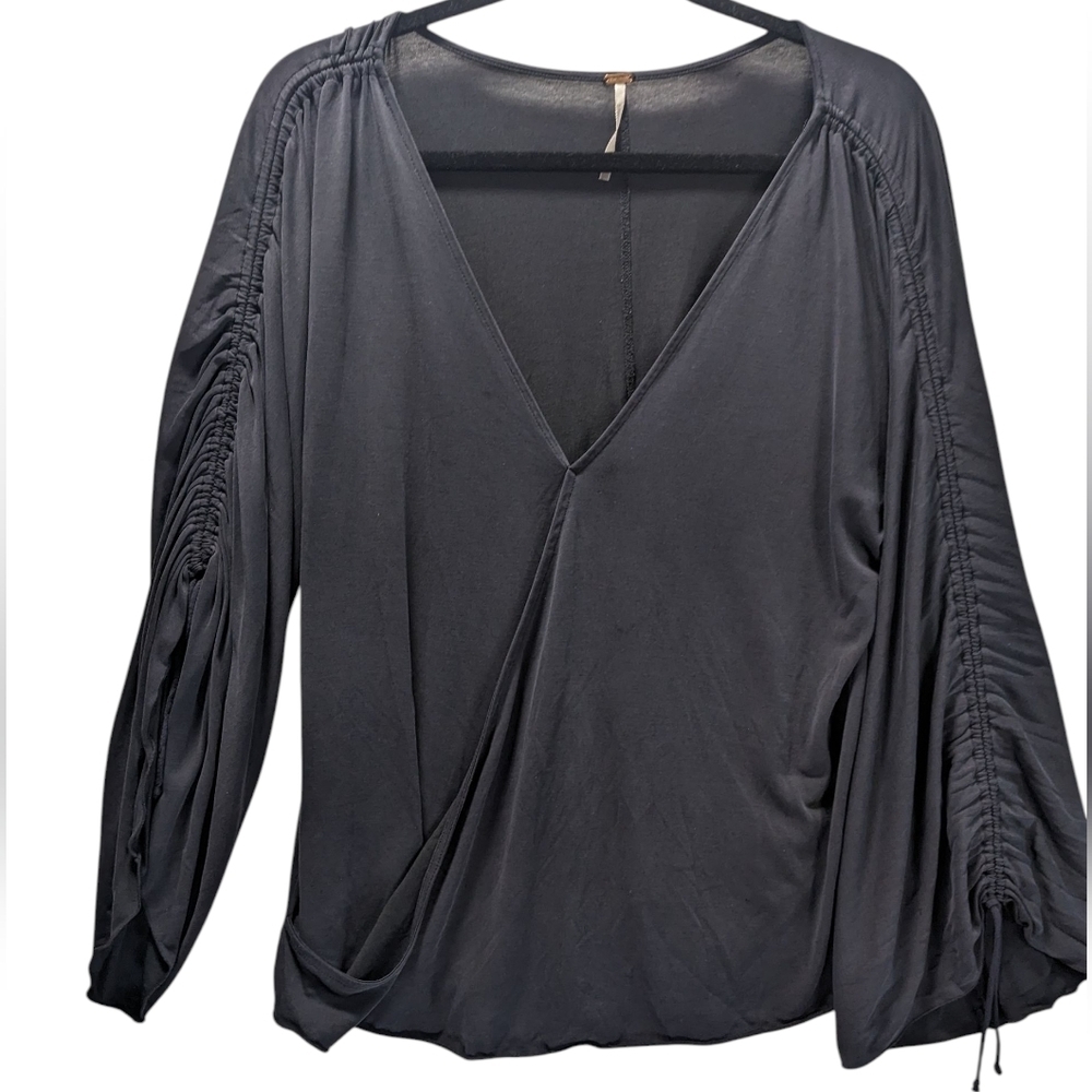 Free People Black Asymmetrical Ruched Blouse Modal Blend. Med